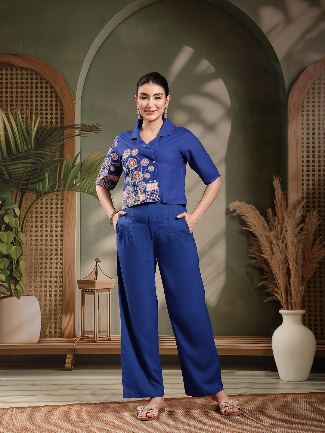 Women's Blue Solid & Embroidered Rayon Co-Ord Set (CSBLUEKHUBANI) | De