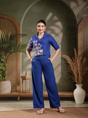 Stylum Women's Blue Solid & Embroidered Rayon Co-Ord Set (CSBLUEKHUBANI)