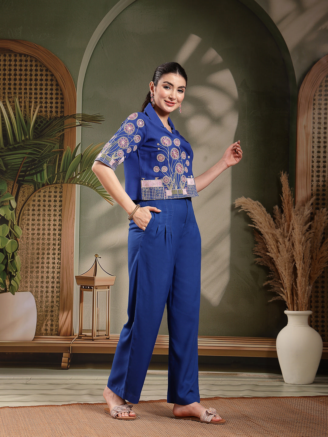 Women's Blue Solid & Embroidered Rayon Co-Ord Set (CSBLUEKHUBANI) | De