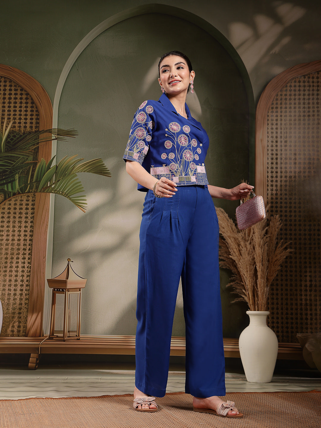 Women's Blue Solid & Embroidered Rayon Co-Ord Set (CSBLUEKHUBANI) | De