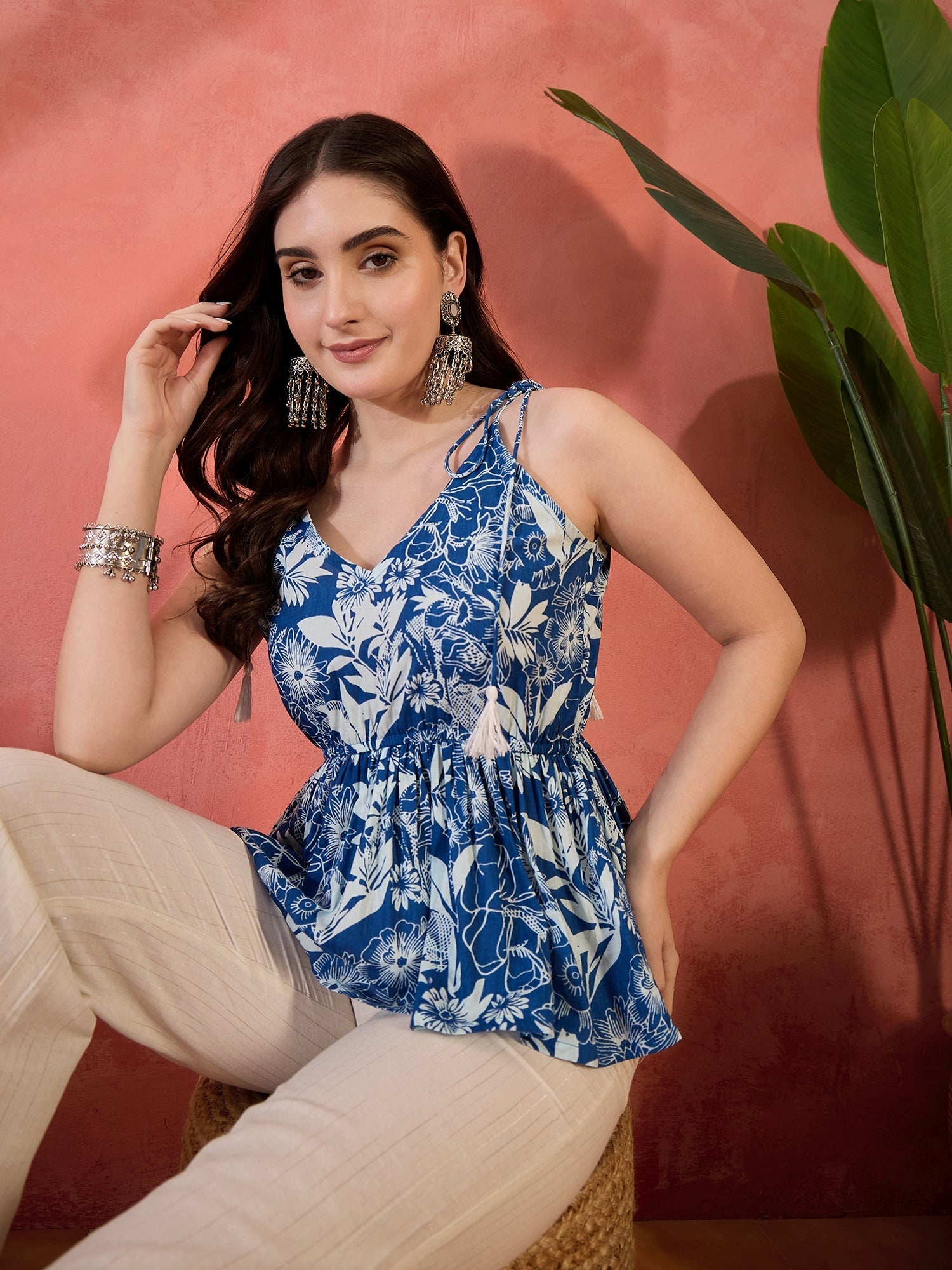 Women's Blue Tropical Printed Cotton Co-ords Set (CSBLUEKITTEN) | Desi