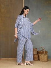 Stylum Women's Blue Striped Printed Cotton High-Low Co-Ords Set (CSBLUEMOB)