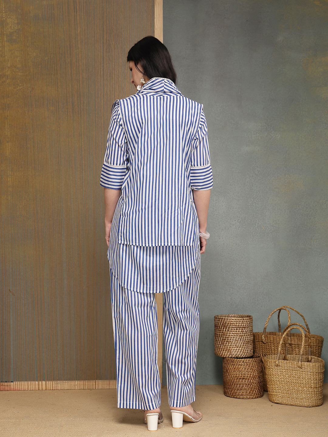 Stylum Women's Blue Striped Printed Cotton High-Low Co-Ords Set (CSBLUEMOB)