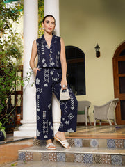 Stylum Women's Blue Geomatric Printed Rayon Slub Co-Ord Set (CSBLUEPLAY)