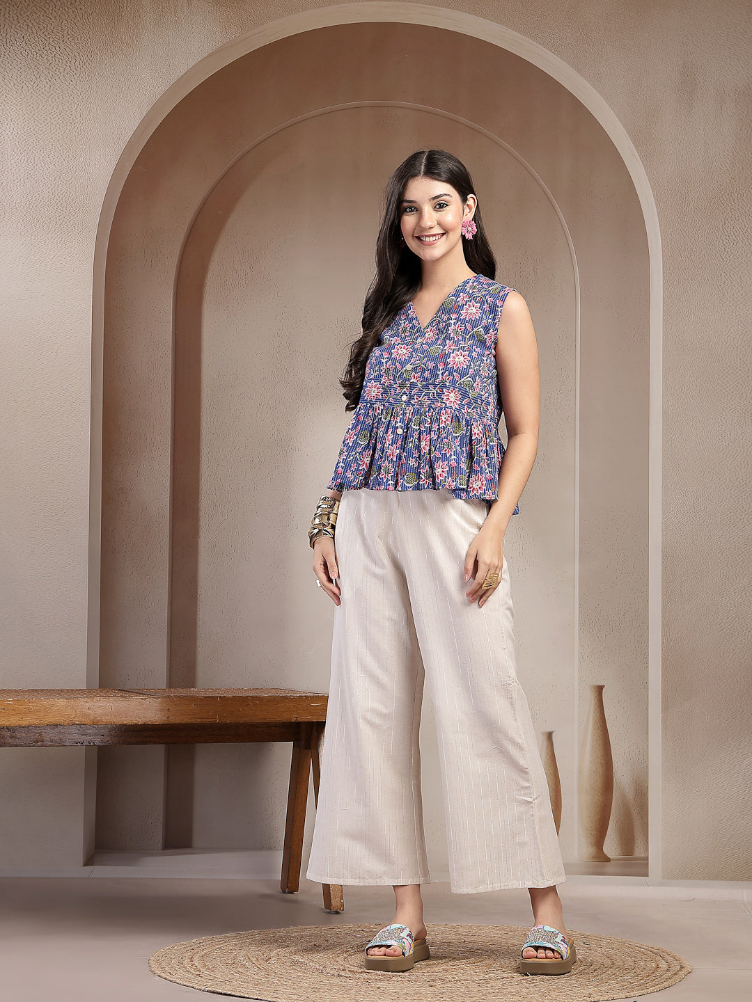 Women's Blue Floral Printed Katha Cotton Co-Ord Set (CSBLUESHEENA) | D