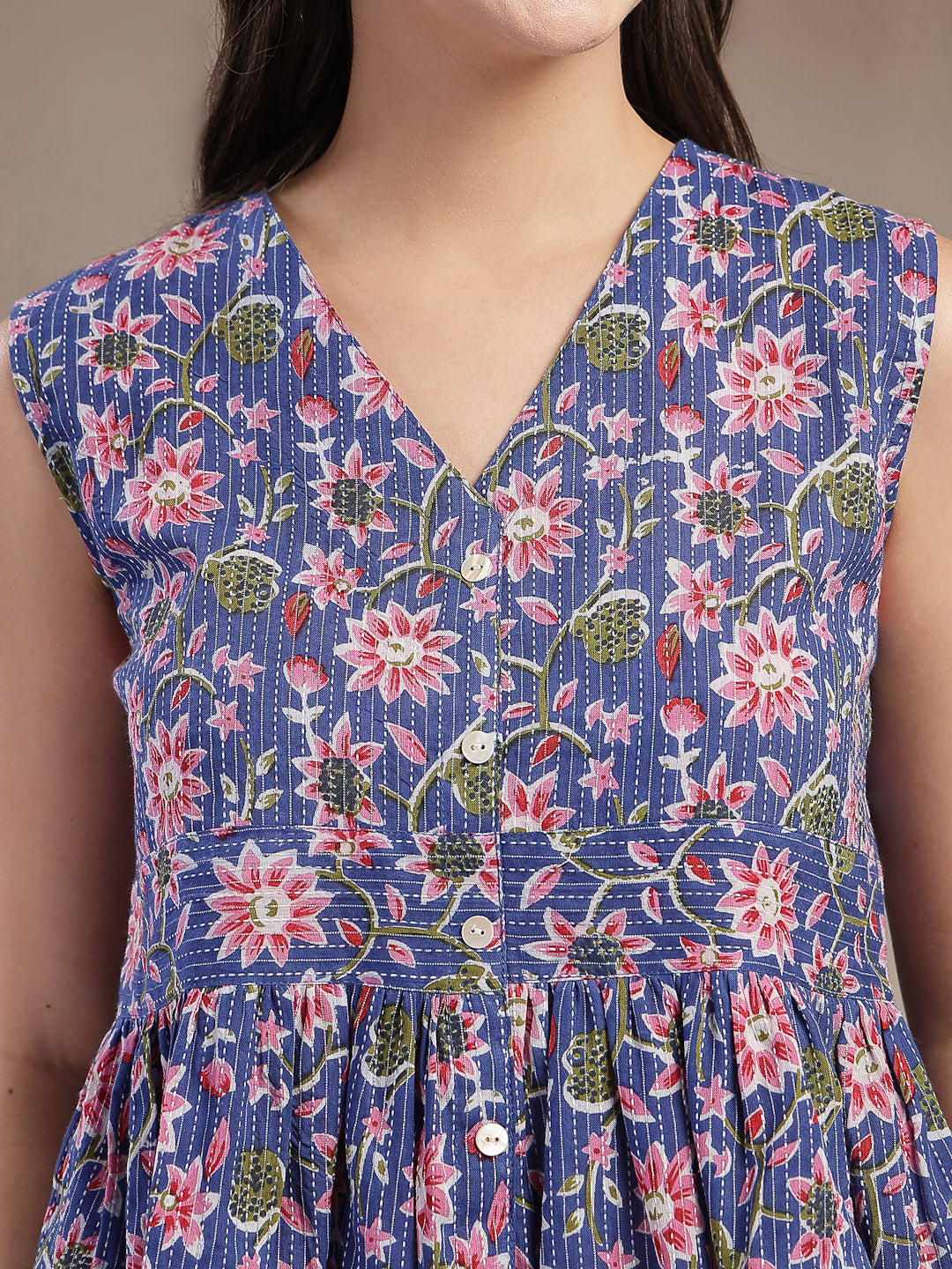 Women's Blue Floral Printed Katha Cotton Co-Ord Set (CSBLUESHEENA) | D