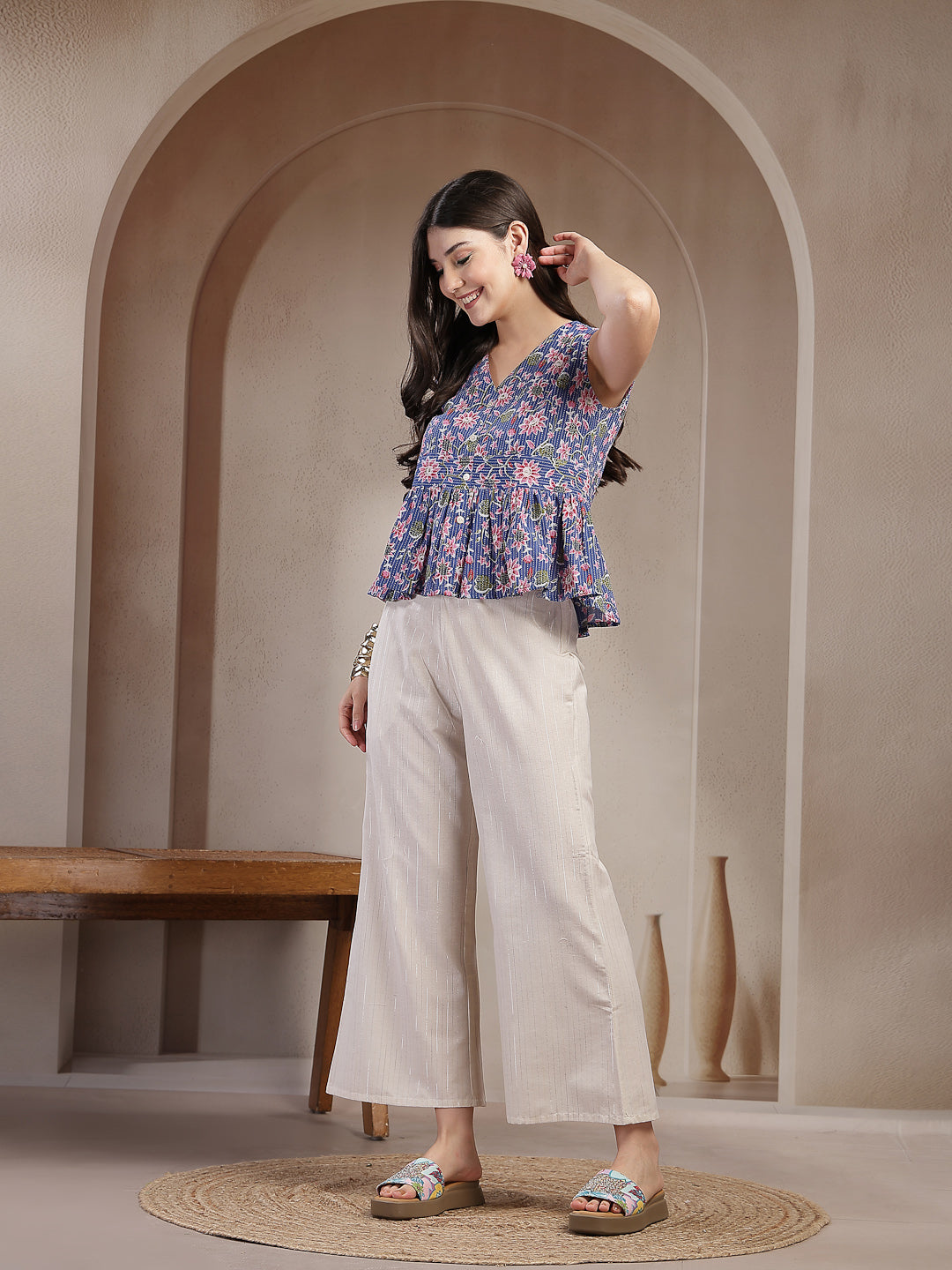 Women's Blue Floral Printed Katha Cotton Co-Ord Set (CSBLUESHEENA) | D