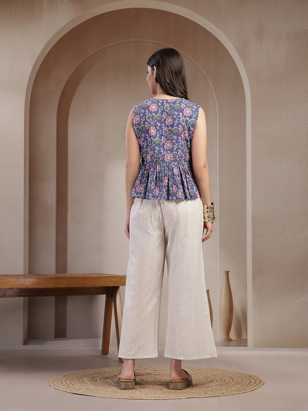 Women's Blue Floral Printed Katha Cotton Co-Ord Set (CSBLUESHEENA) | D
