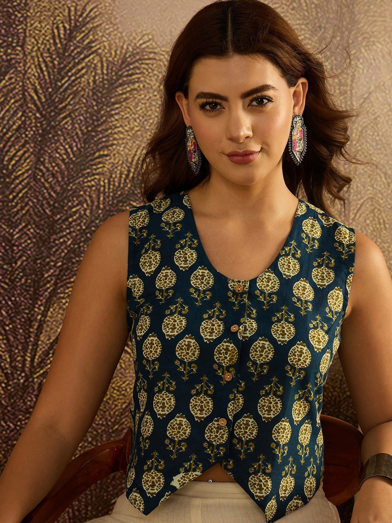 Women's Blue Ethnic Motif Cotton Flex Vest Co-Ord Set (CSBLUESOCH) | D