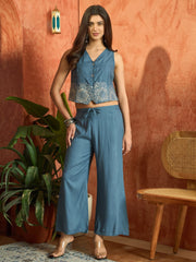 Stylum Women's Blue Solid & Embroidered Cotton Co-Ords Set (CSBLUETAFFY)