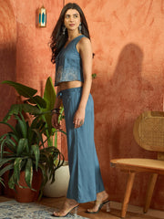 Stylum Women's Blue Solid & Embroidered Cotton Co-Ords Set (CSBLUETAFFY)