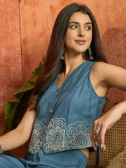 Stylum Women's Blue Solid & Embroidered Cotton Co-Ords Set (CSBLUETAFFY)