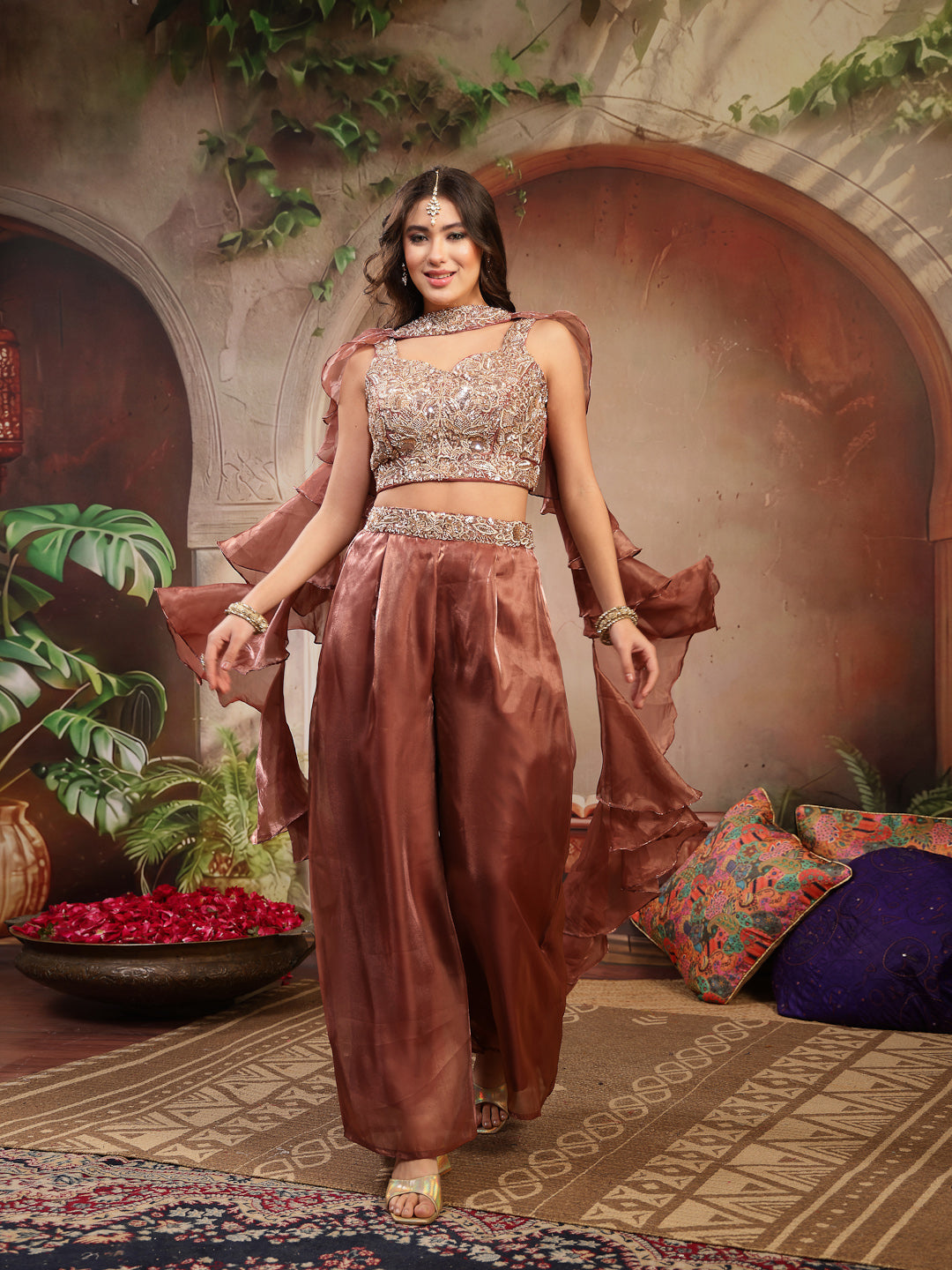 Women's Brown Solid & Embroidered Organza Co-Ords Set (CSBROWNVANYA) |