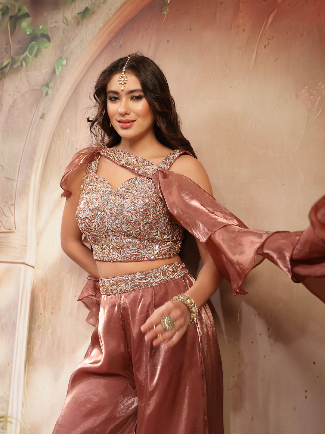 Women's Brown Solid & Embroidered Organza Co-Ords Set (CSBROWNVANYA) |