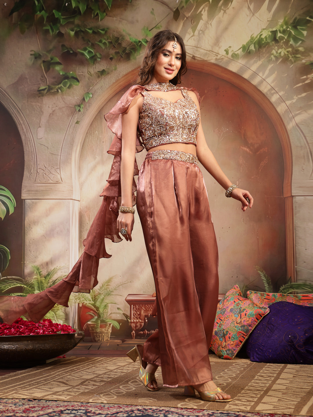 Women's Brown Solid & Embroidered Organza Co-Ords Set (CSBROWNVANYA) |