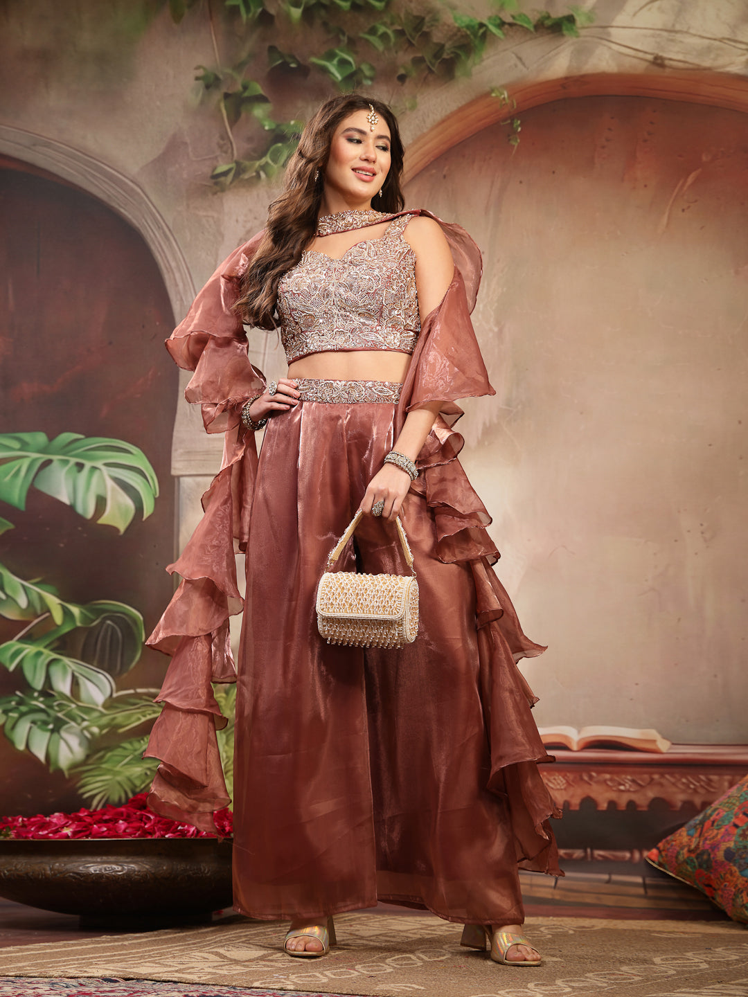Women's Brown Solid & Embroidered Organza Co-Ords Set (CSBROWNVANYA) |