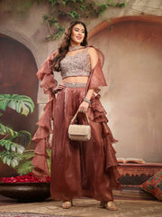 Stylum Women's Brown Solid & Embroidered Organza Co-Ords Set (CSBROWNVANYA)
