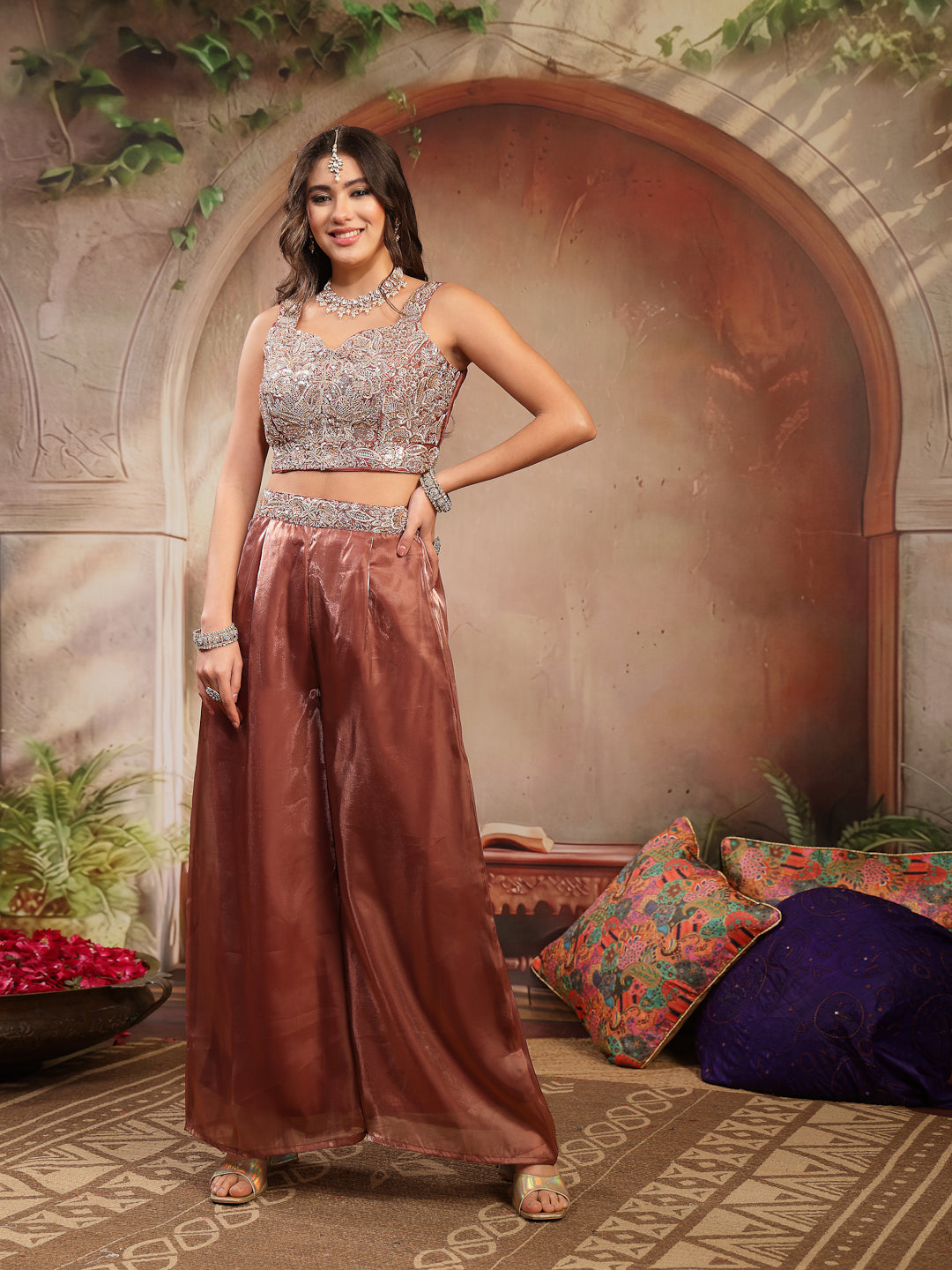 Women's Brown Solid & Embroidered Organza Co-Ords Set (CSBROWNVANYA) |
