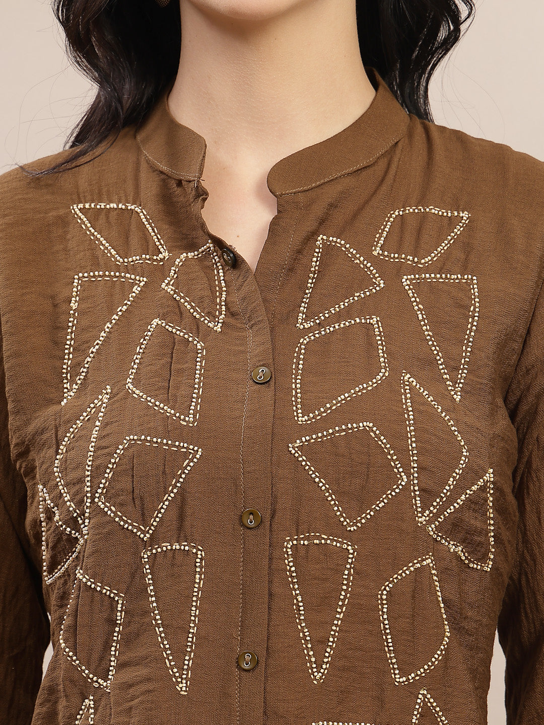 Stylum Women's Brown Solid & Embroidered Acrylic Straight Co-Ord Set (CSBROWNZARZA)