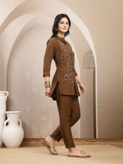 Stylum Women's Brown Solid & Embroidered Acrylic Straight Co-Ord Set (CSBROWNZARZA)