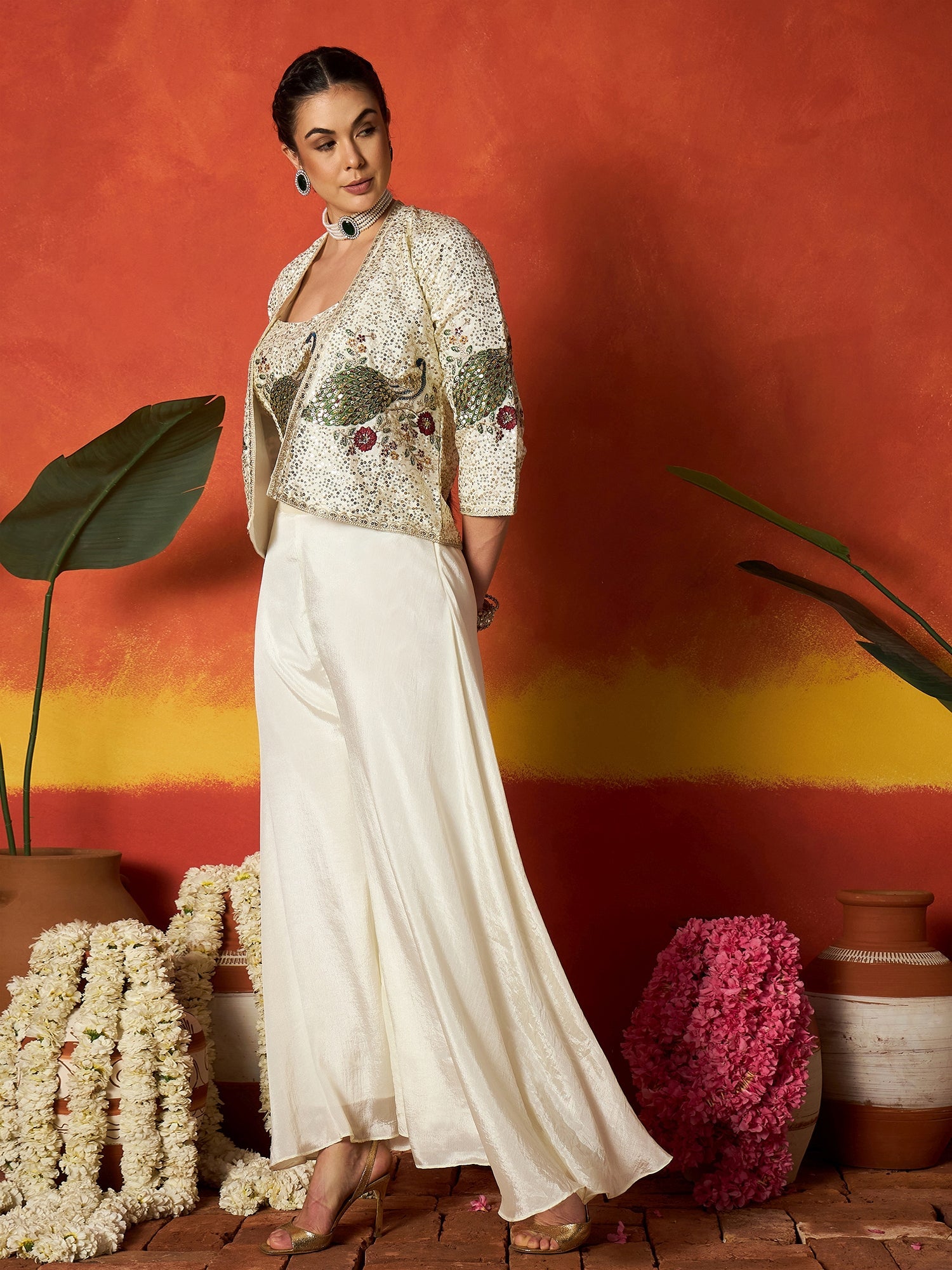 Women's Cream Solid & Embroidered Silk Blend Co-Ord Set (CSCREAMDAFFY)