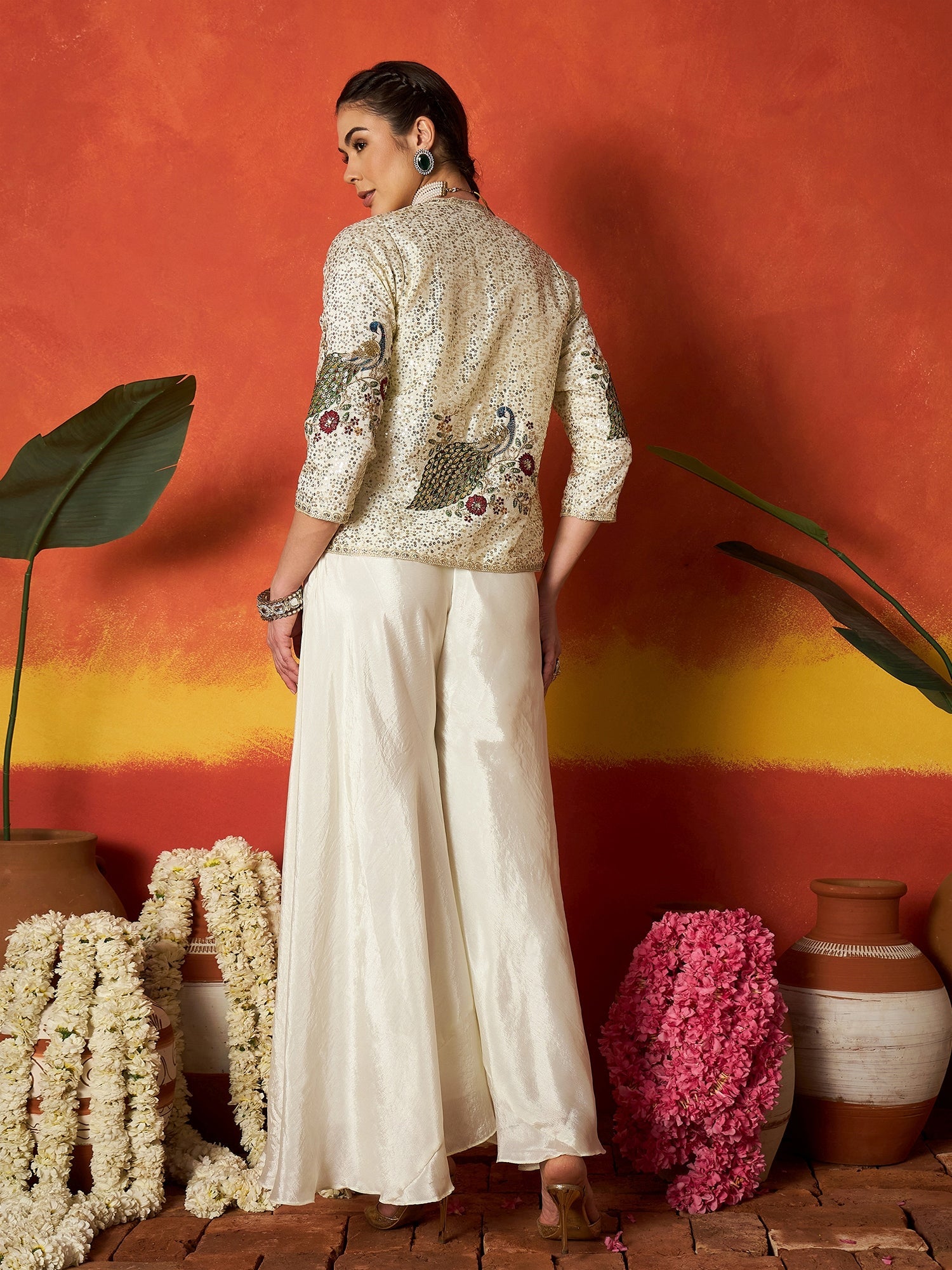 Women's Cream Solid & Embroidered Silk Blend Co-Ord Set (CSCREAMDAFFY)