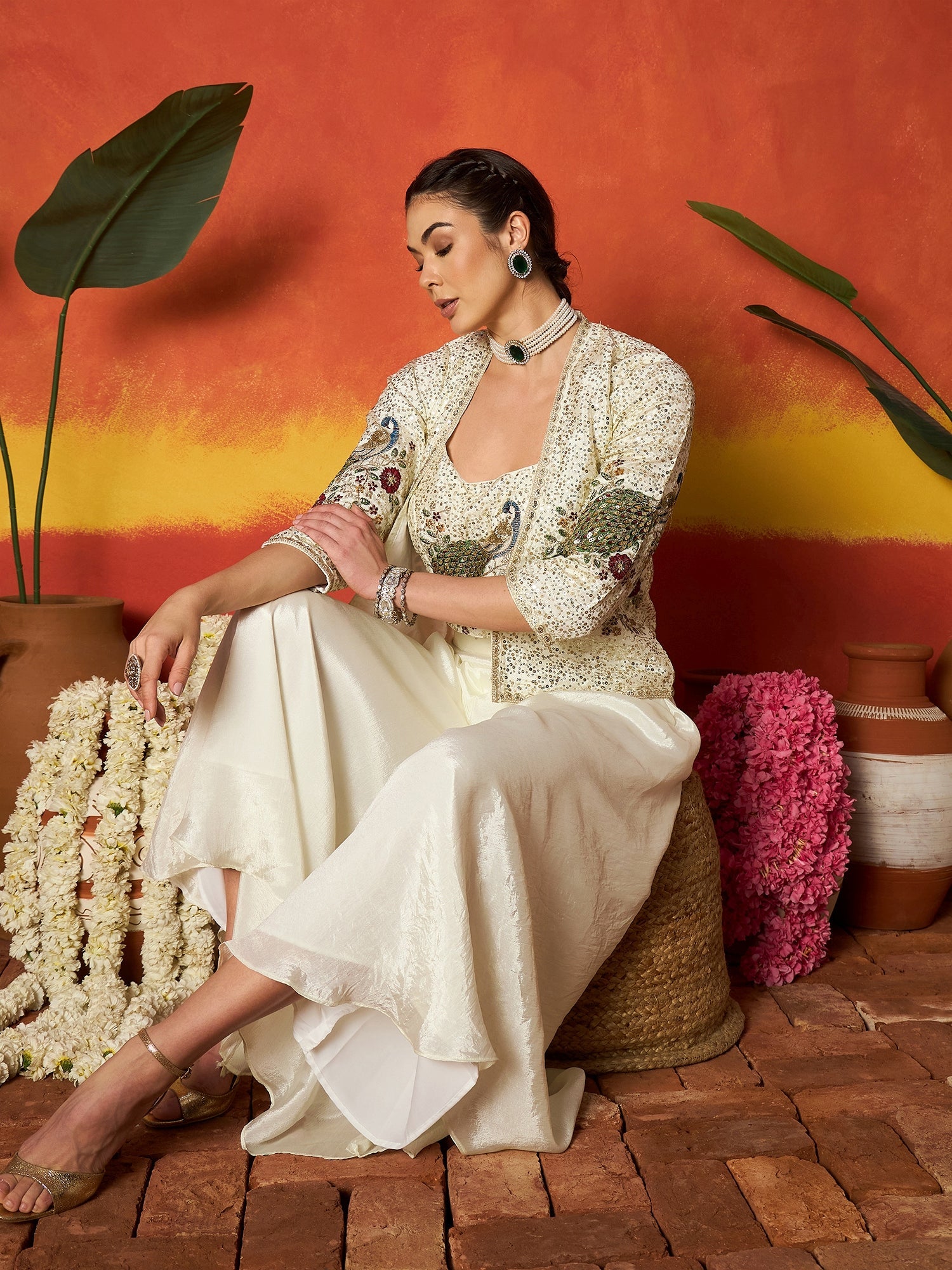 Women's Cream Solid & Embroidered Silk Blend Co-Ord Set (CSCREAMDAFFY)
