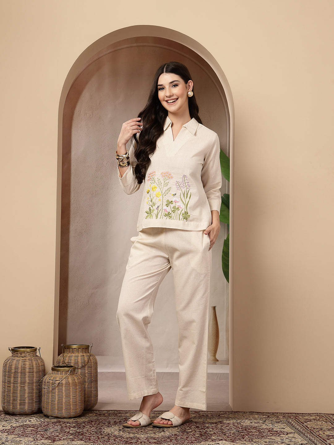 Women's Cream Solid & Embroidered Cotton Co-Ord Set (CSCREAMLUZON) | D