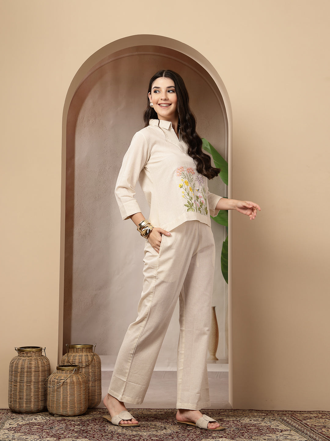Women's Cream Solid & Embroidered Cotton Co-Ord Set (CSCREAMLUZON) | D