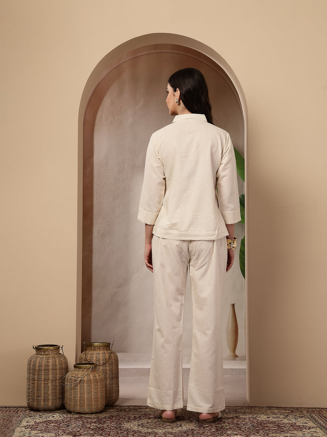 Women's Cream Solid & Embroidered Cotton Co-Ord Set (CSCREAMLUZON) | D