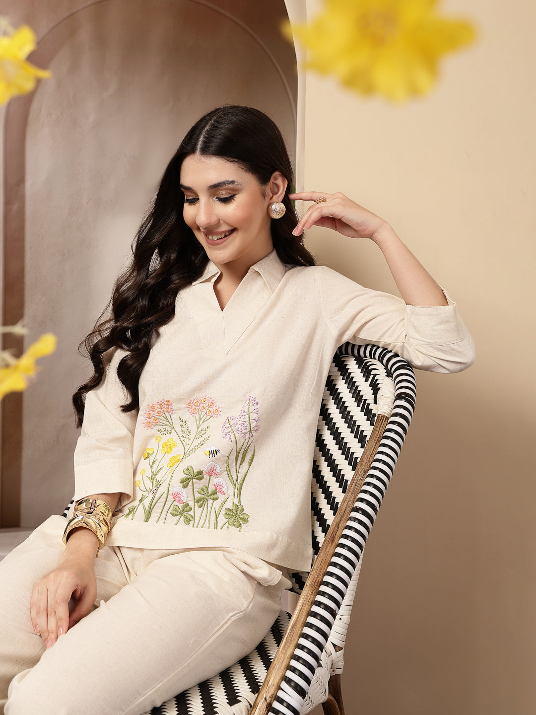 Women's Cream Solid & Embroidered Cotton Co-Ord Set (CSCREAMLUZON) | D