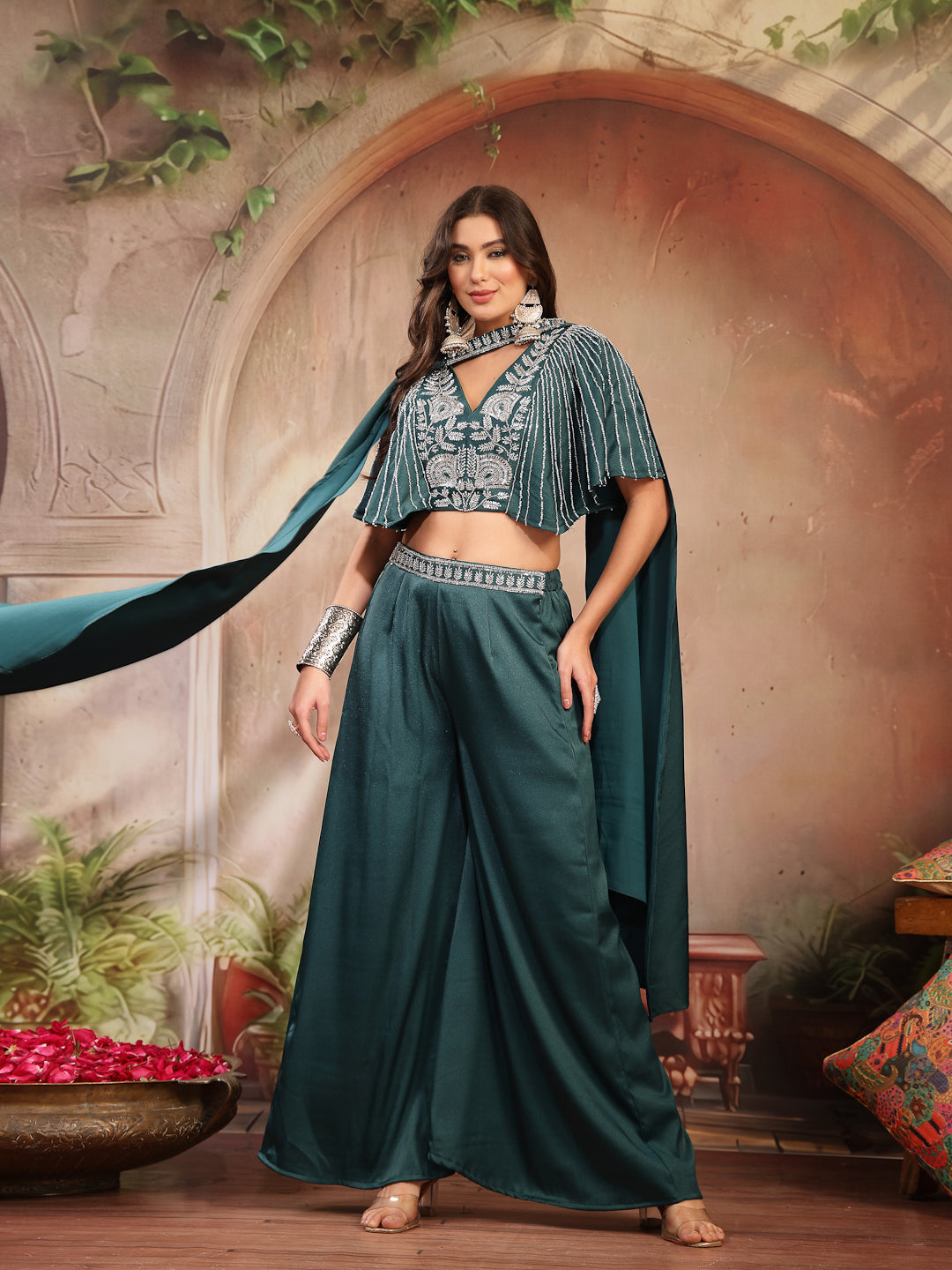 Stylum Women's Green Solid & Embroidered Poly Georgette Co-Ords Set (CSGREENMAYRA)