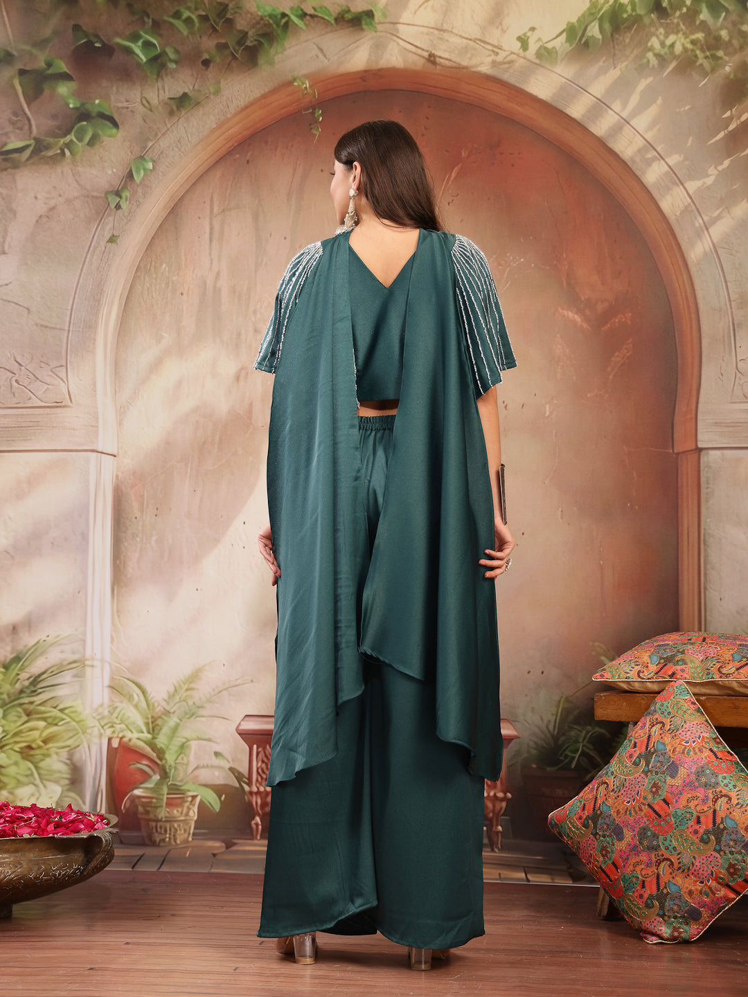 Women's Green Solid & Embroidered Poly Georgette Co-Ords Set (CSGREENM
