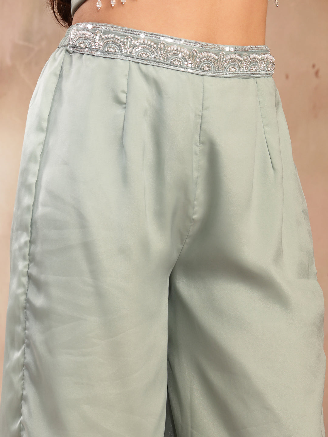 Women's Green Solid & Embroidered Poly Georgette Co-Ord Set (CSGREENNI