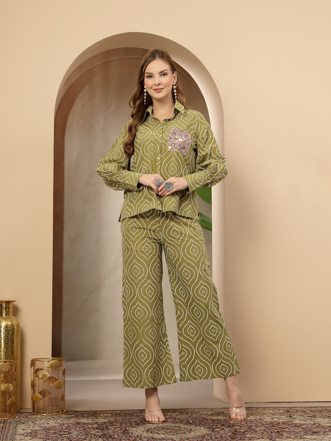 Women's Green Bandhej Printed Cotton Co-Ord Set (CSGREENOPERA) | DesiQ