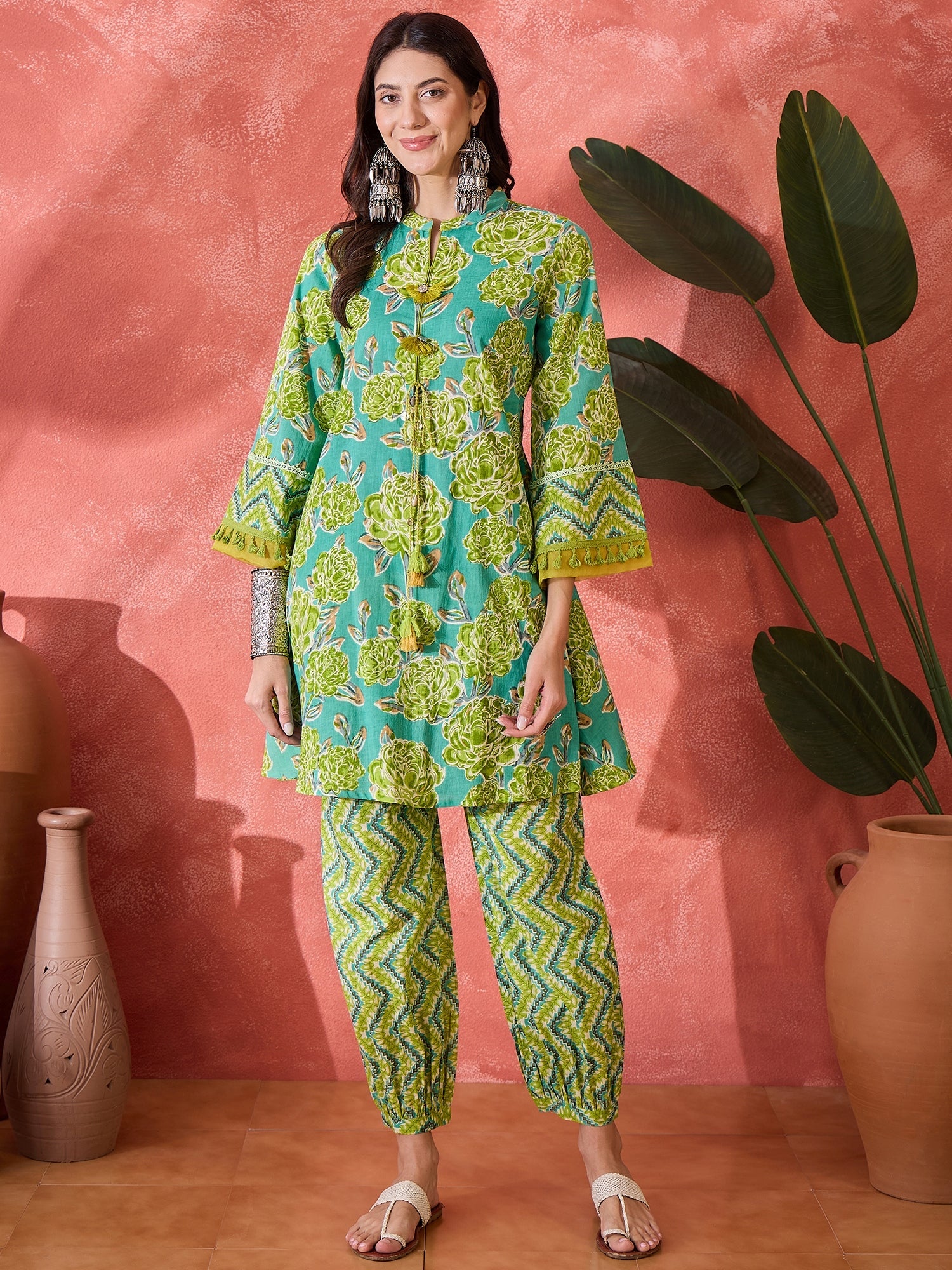 Women's Green Floral Printed Cotton Co-Ord Set (CSGREENPONNY) | DesiQl