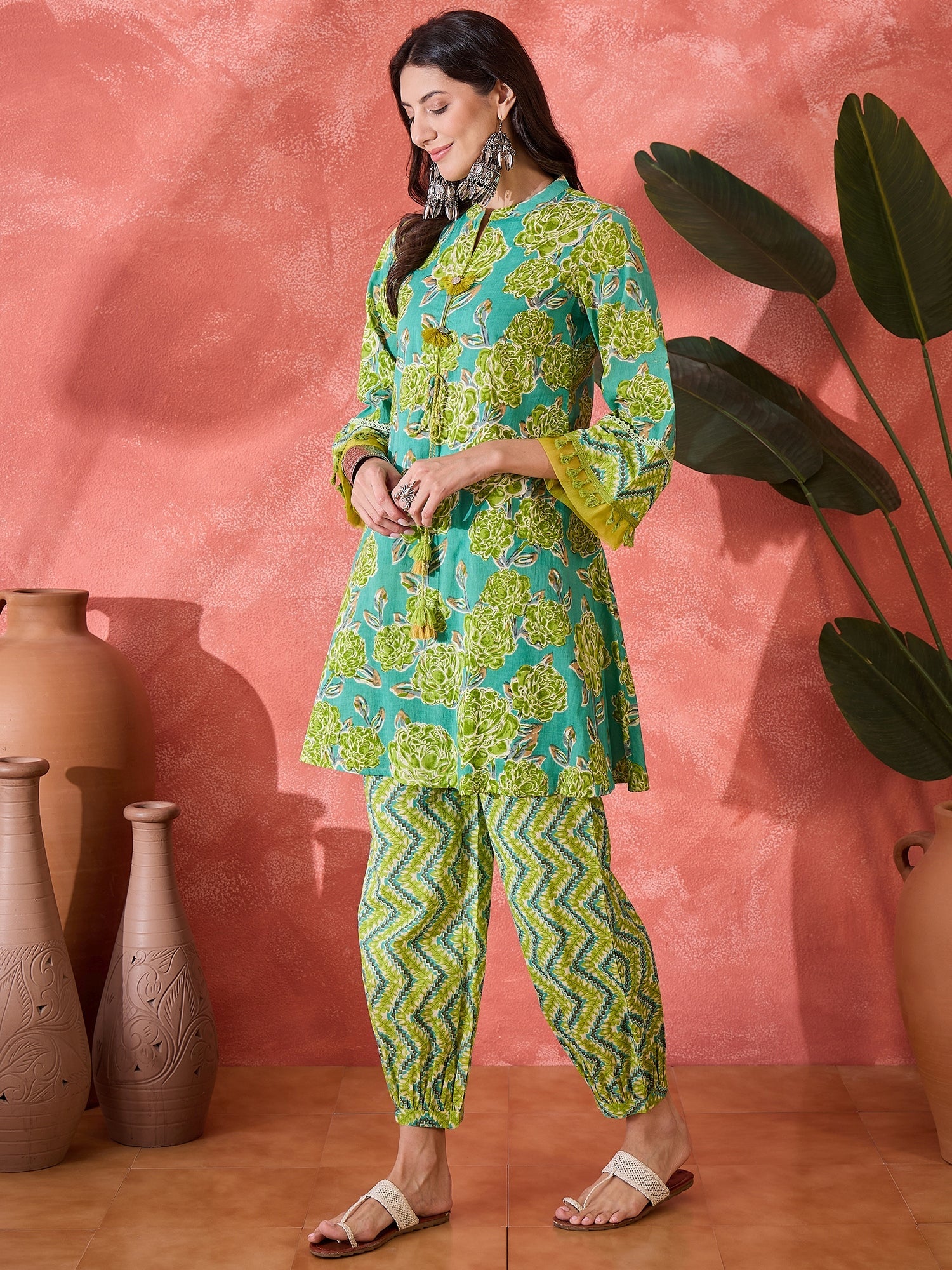 Women's Green Floral Printed Cotton Co-Ord Set (CSGREENPONNY) | DesiQl