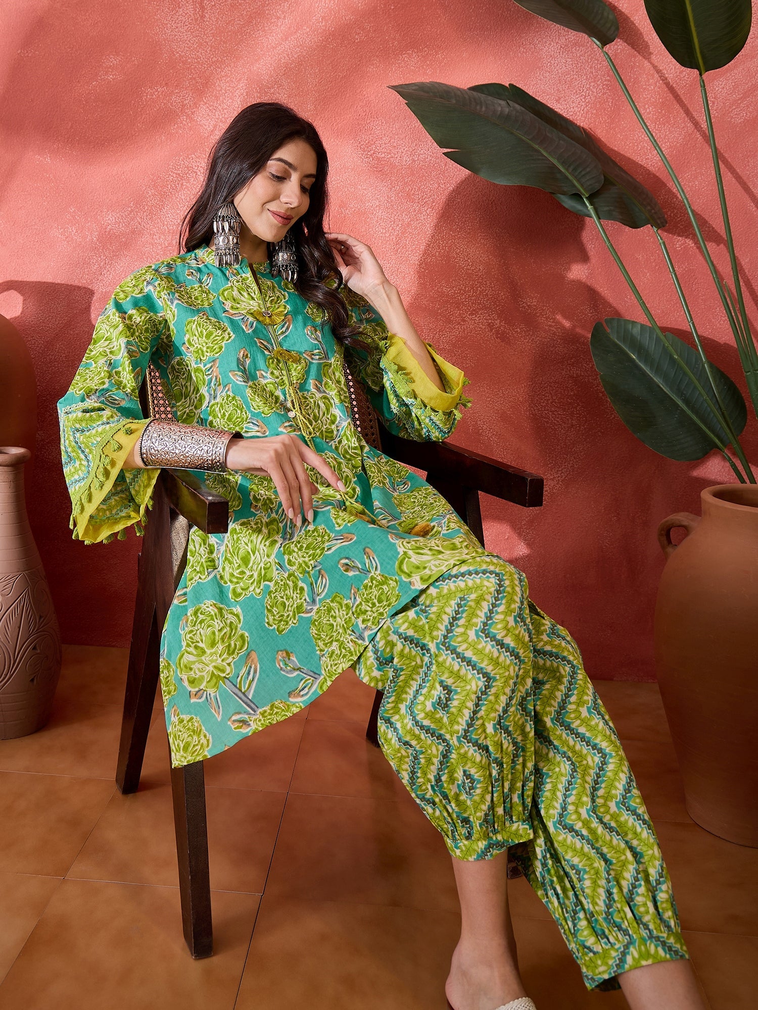 Women's Green Floral Printed Cotton Co-Ord Set (CSGREENPONNY) | DesiQl