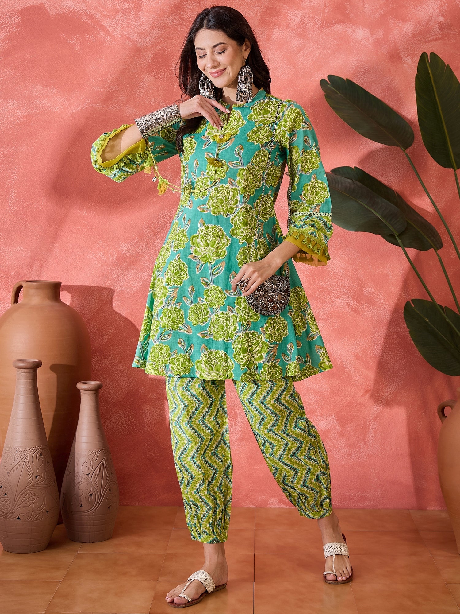 Women's Green Floral Printed Cotton Co-Ord Set (CSGREENPONNY) | DesiQl