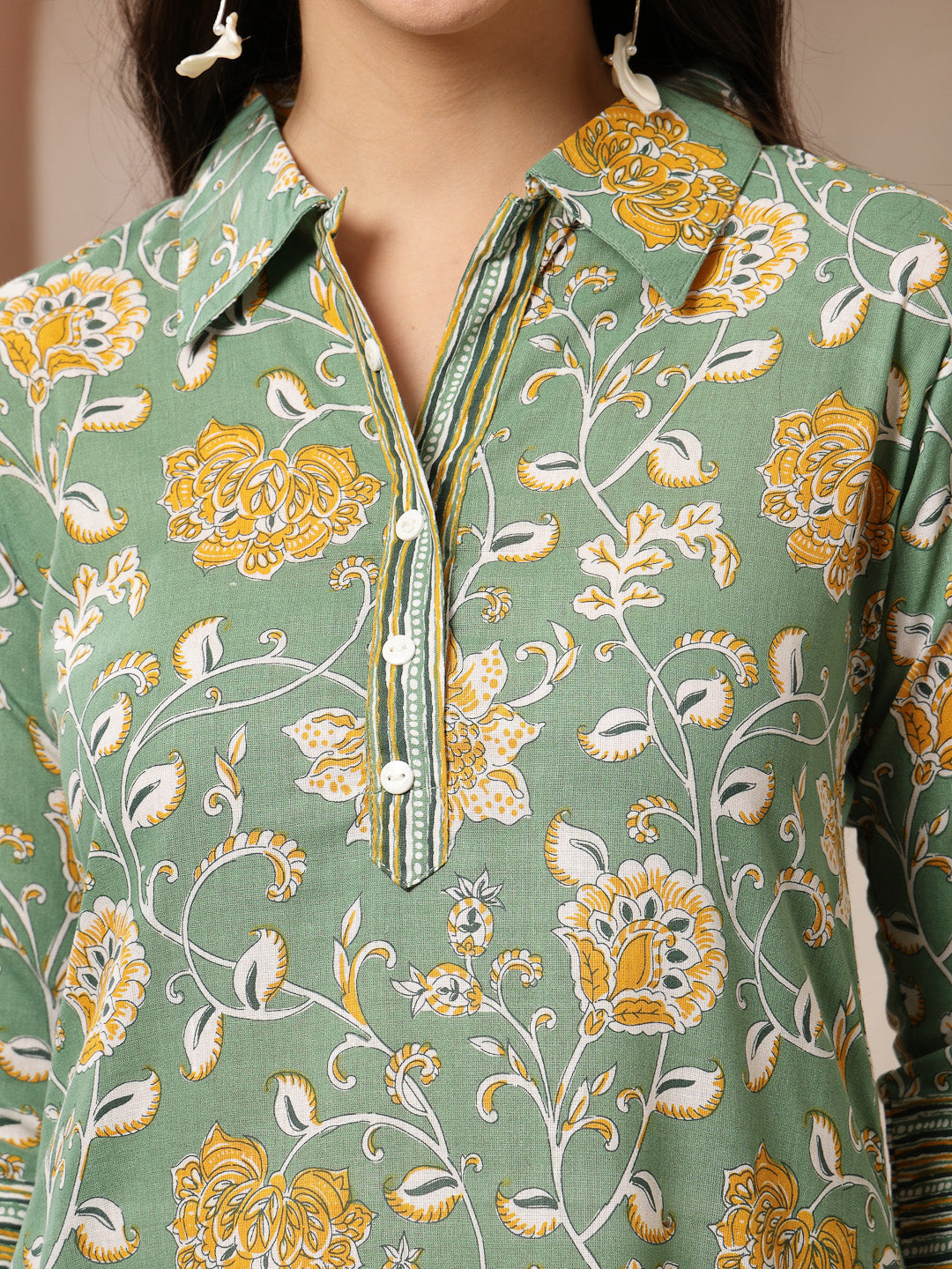 Women's Green Floral Printed Cotton Co-Ords Set (CSGREENRANJAN) | Desi