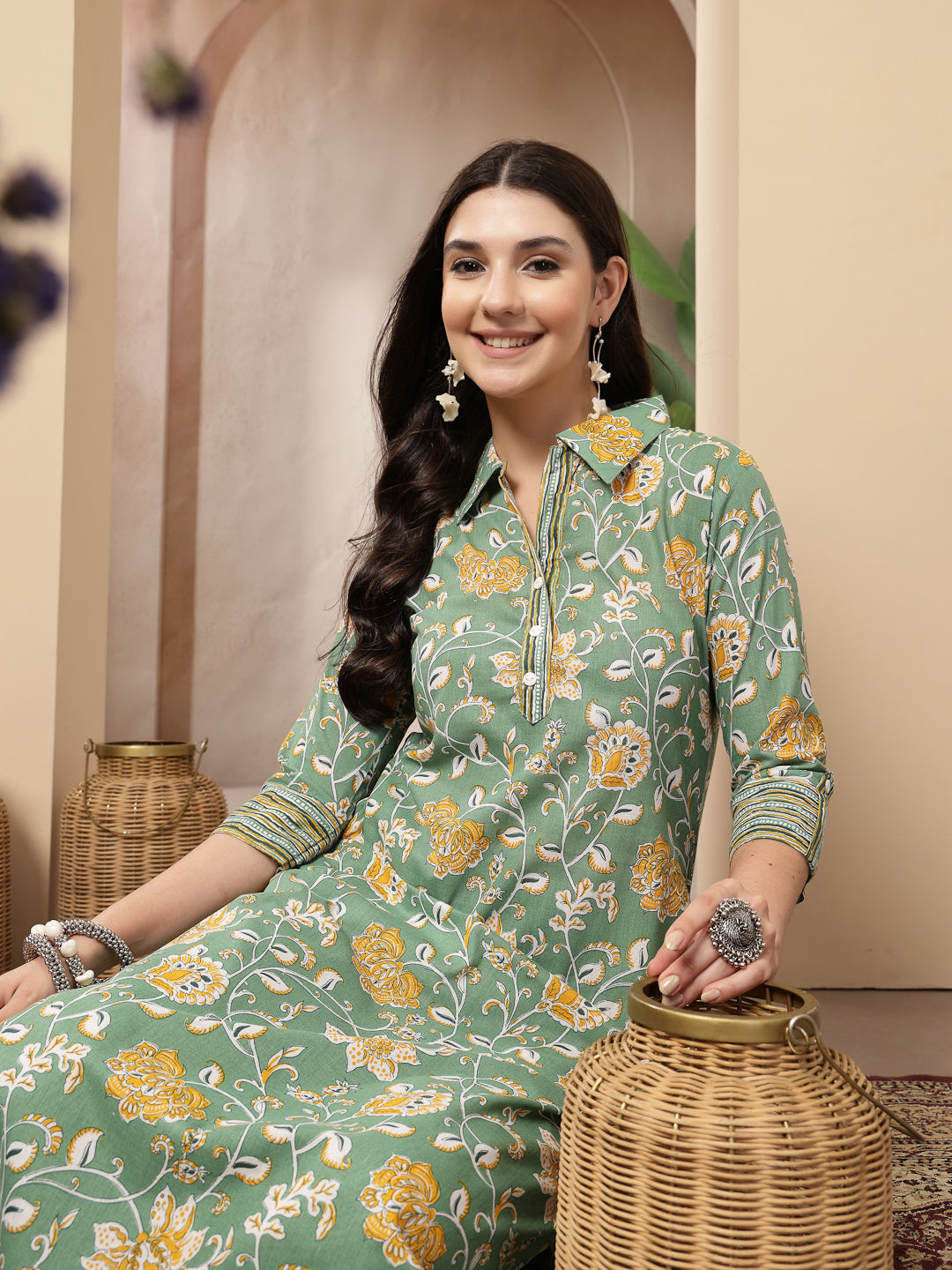 Women's Green Floral Printed Cotton Co-Ords Set (CSGREENRANJAN) | Desi