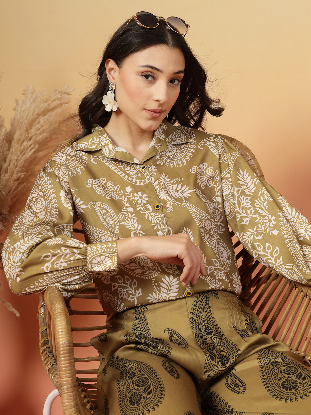 Women's Green Paisley Print Rayon Co-Ord Set (CSGREENSIRONA) | DesiQlo
