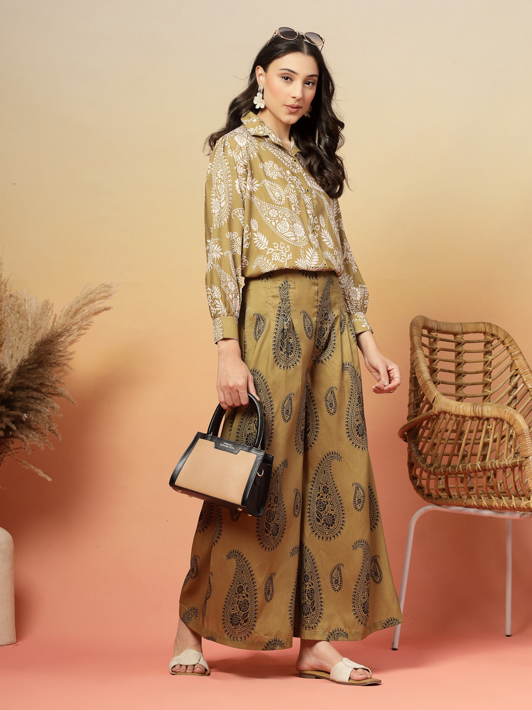 Women's Green Paisley Print Rayon Co-Ord Set (CSGREENSIRONA) | DesiQlo