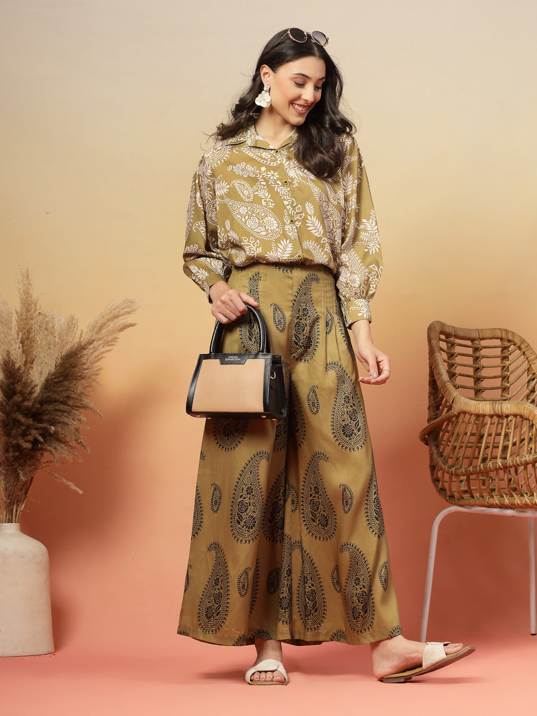 Women's Green Paisley Print Rayon Co-Ord Set (CSGREENSIRONA) | DesiQlo