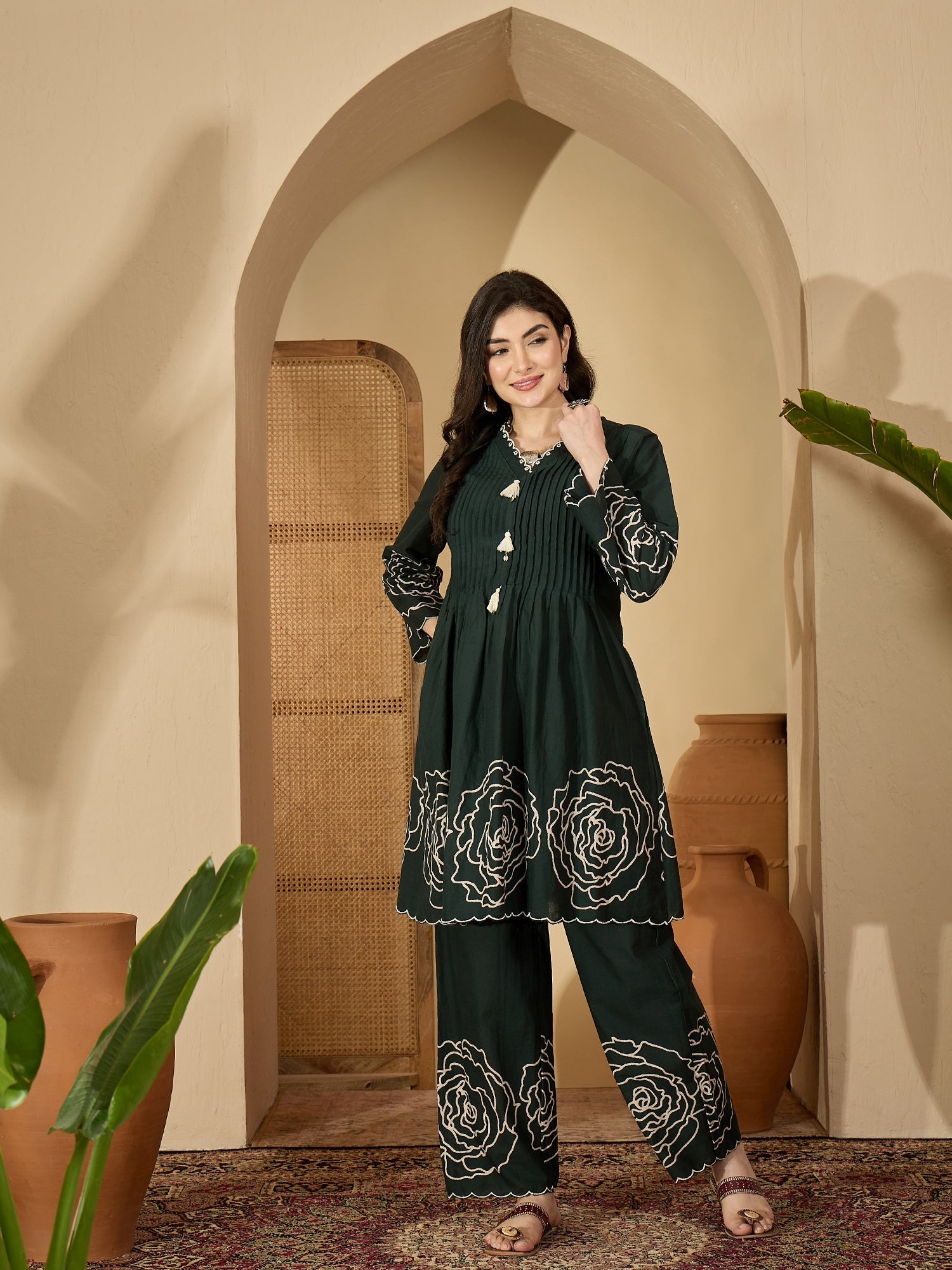 Women's Green Floral Printed & Embroidered Cotton Co-Ord Set (CSGREENZ