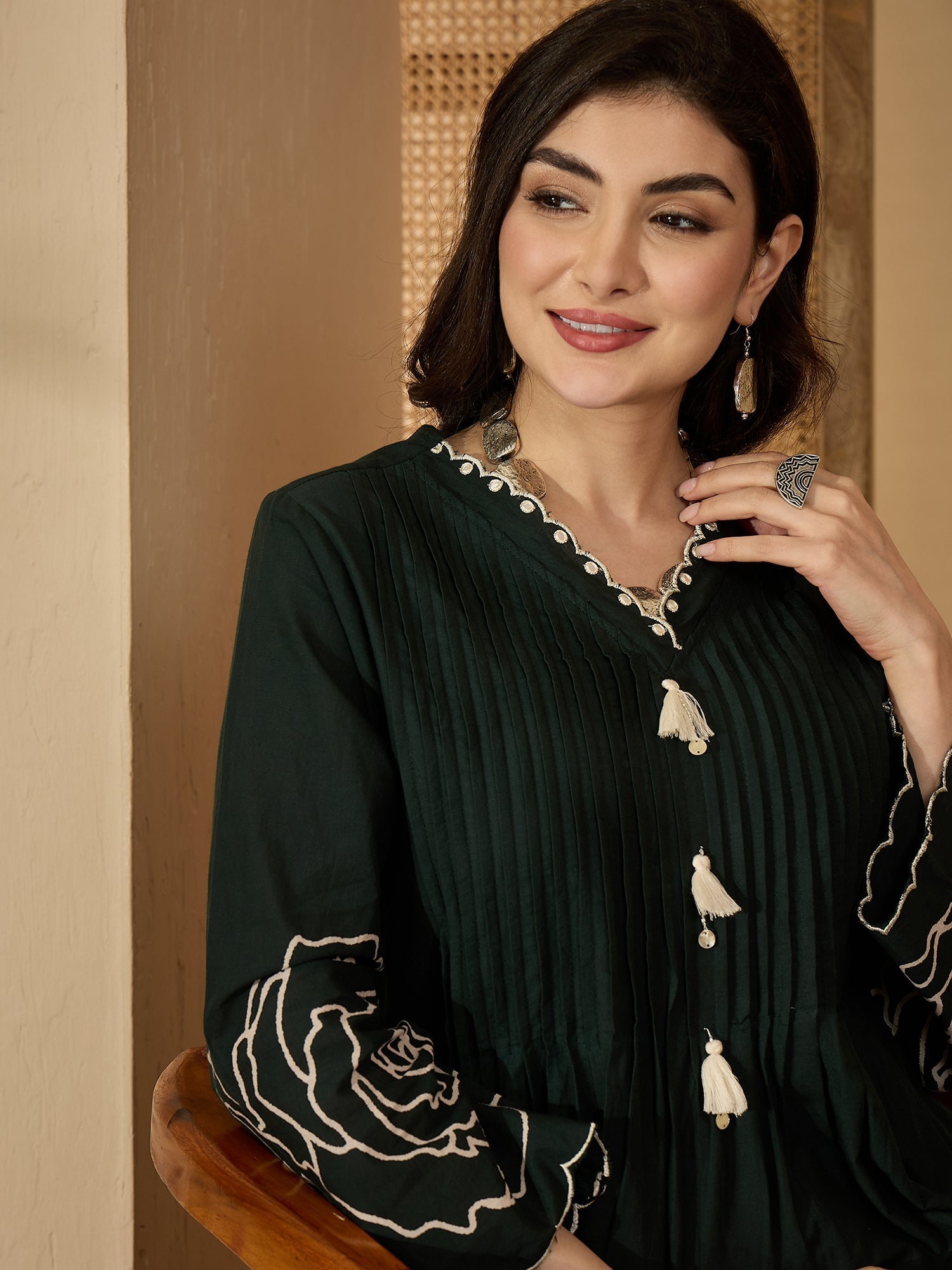 Women's Green Floral Printed & Embroidered Cotton Co-Ord Set (CSGREENZ