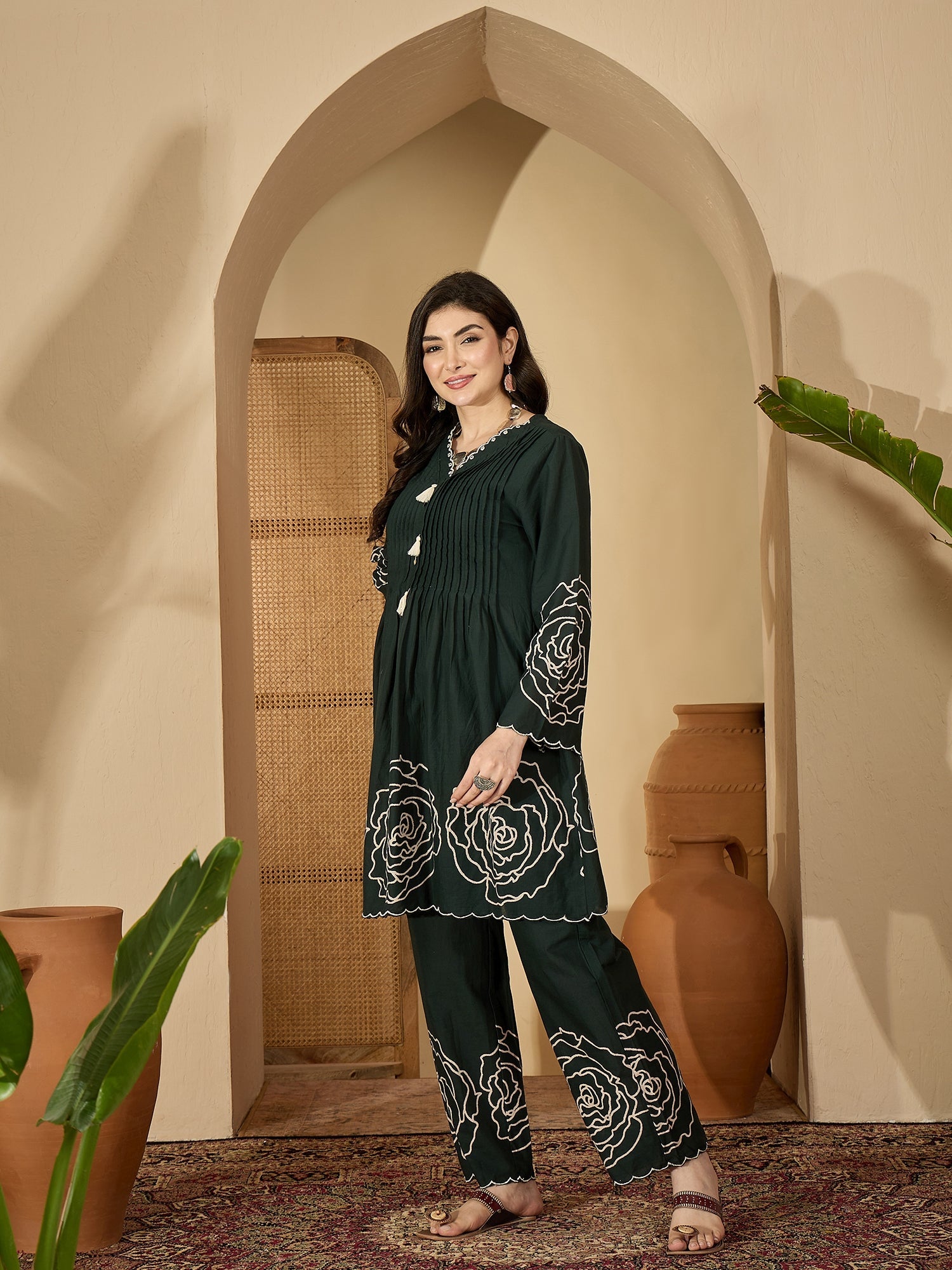 Women's Green Floral Printed & Embroidered Cotton Co-Ord Set (CSGREENZ
