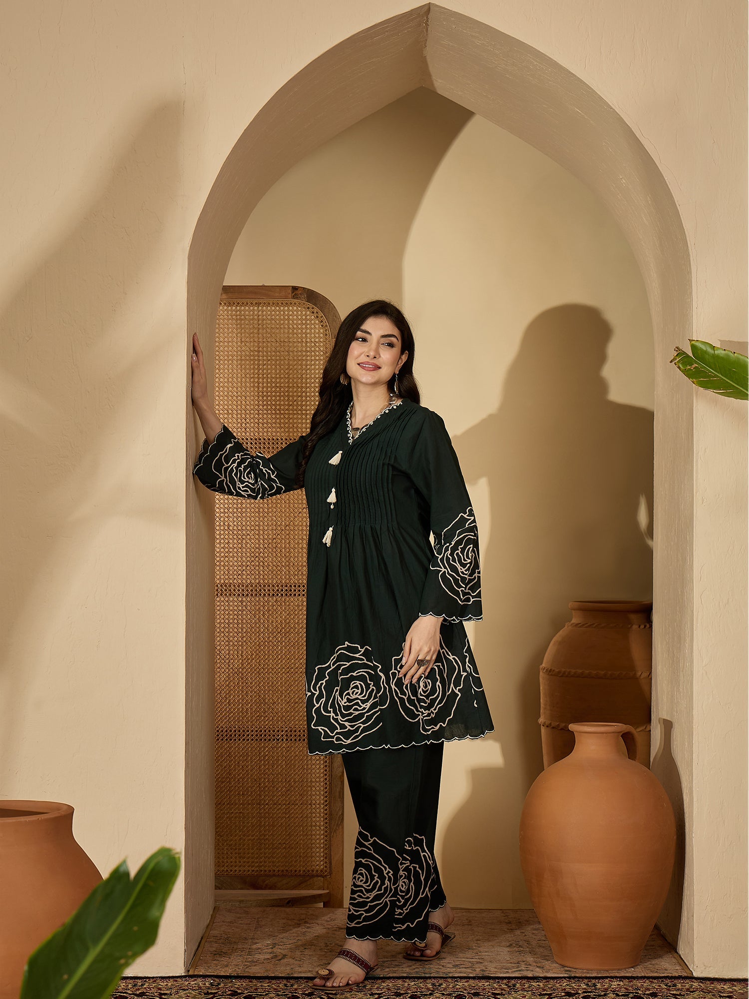 Women's Green Floral Printed & Embroidered Cotton Co-Ord Set (CSGREENZ