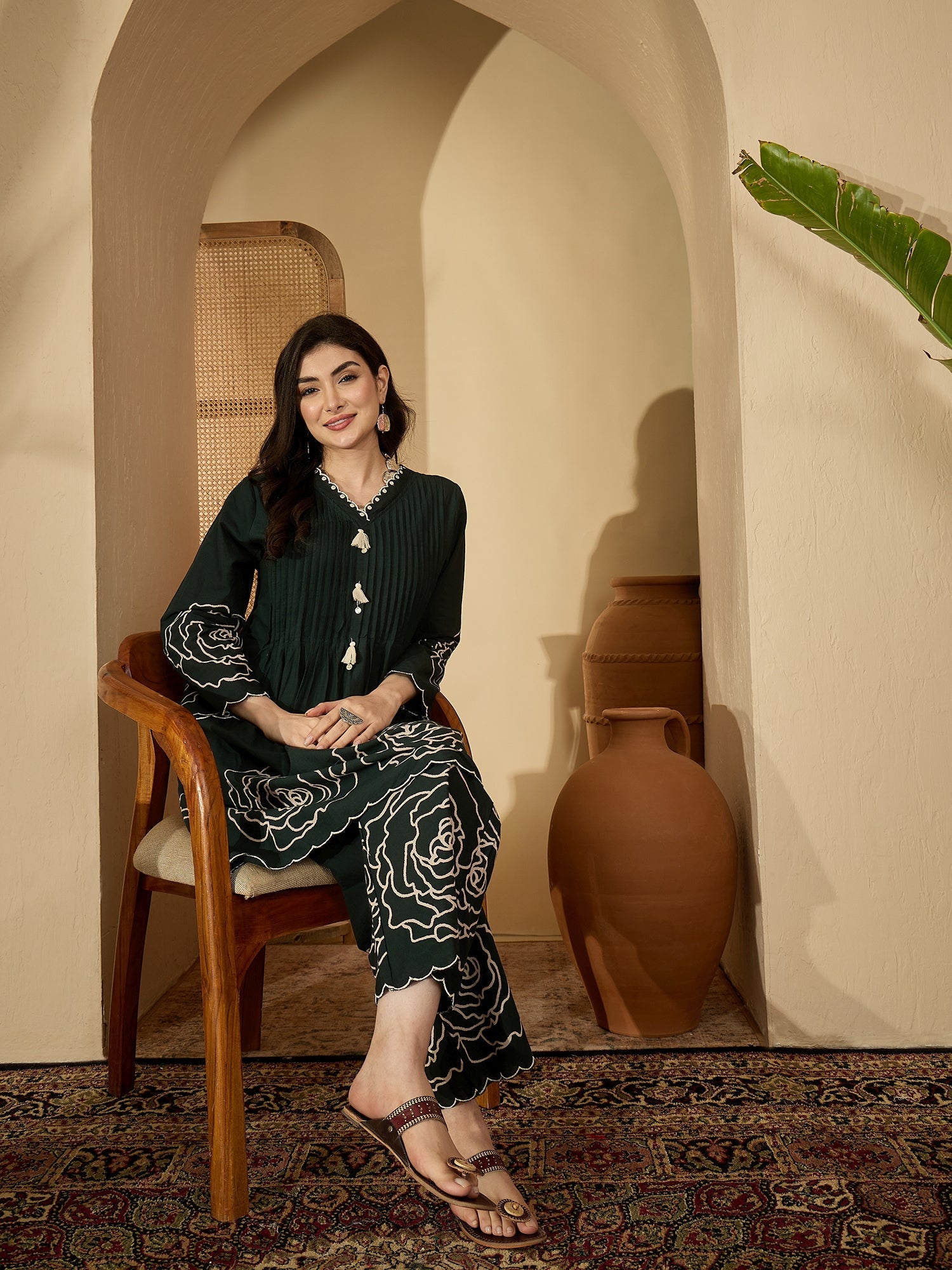 Women's Green Floral Printed & Embroidered Cotton Co-Ord Set (CSGREENZ
