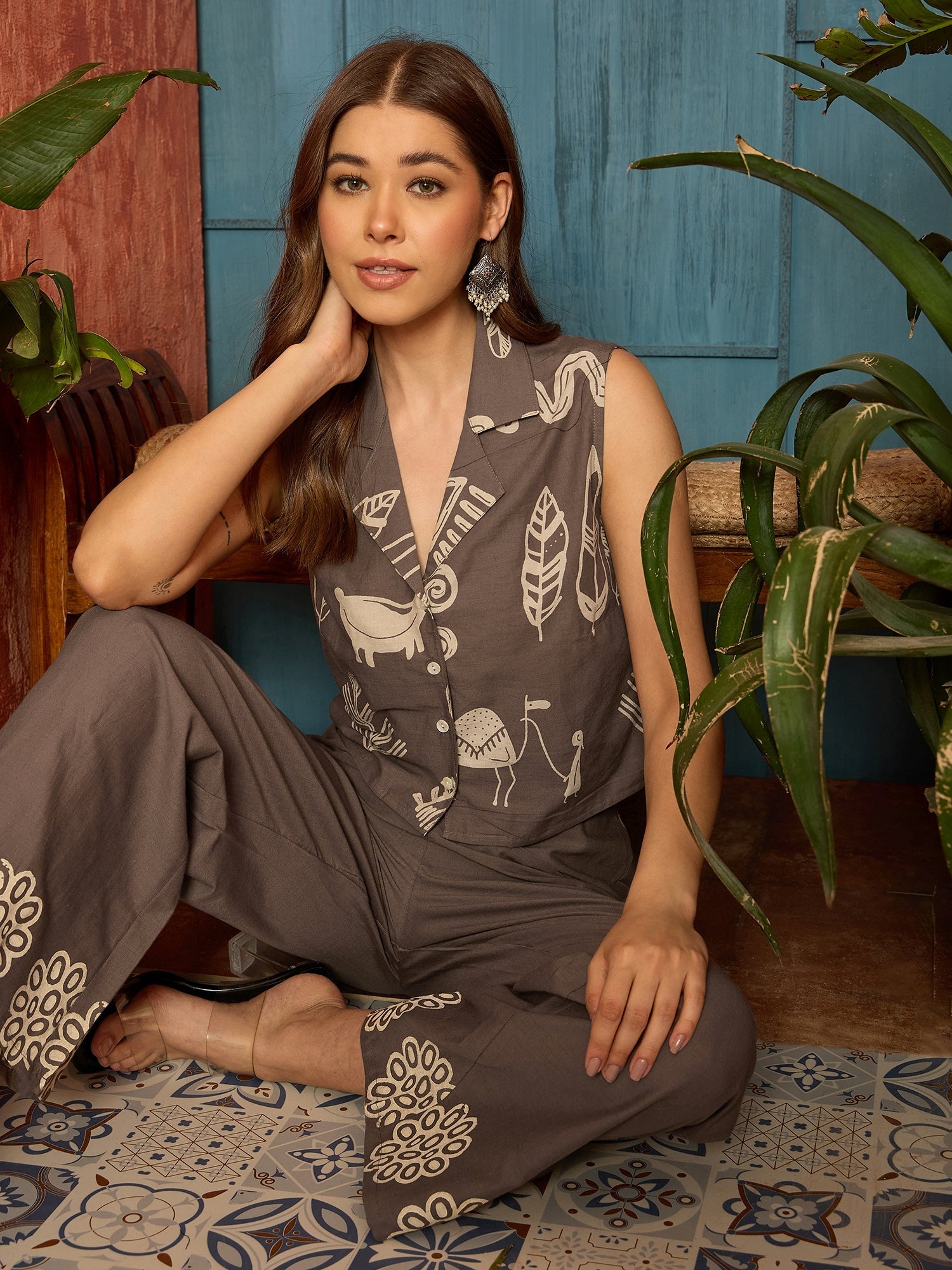 Women's Grey Printed Cotton Co-Ord Set (CSGREYDERBY) | DesiQlo